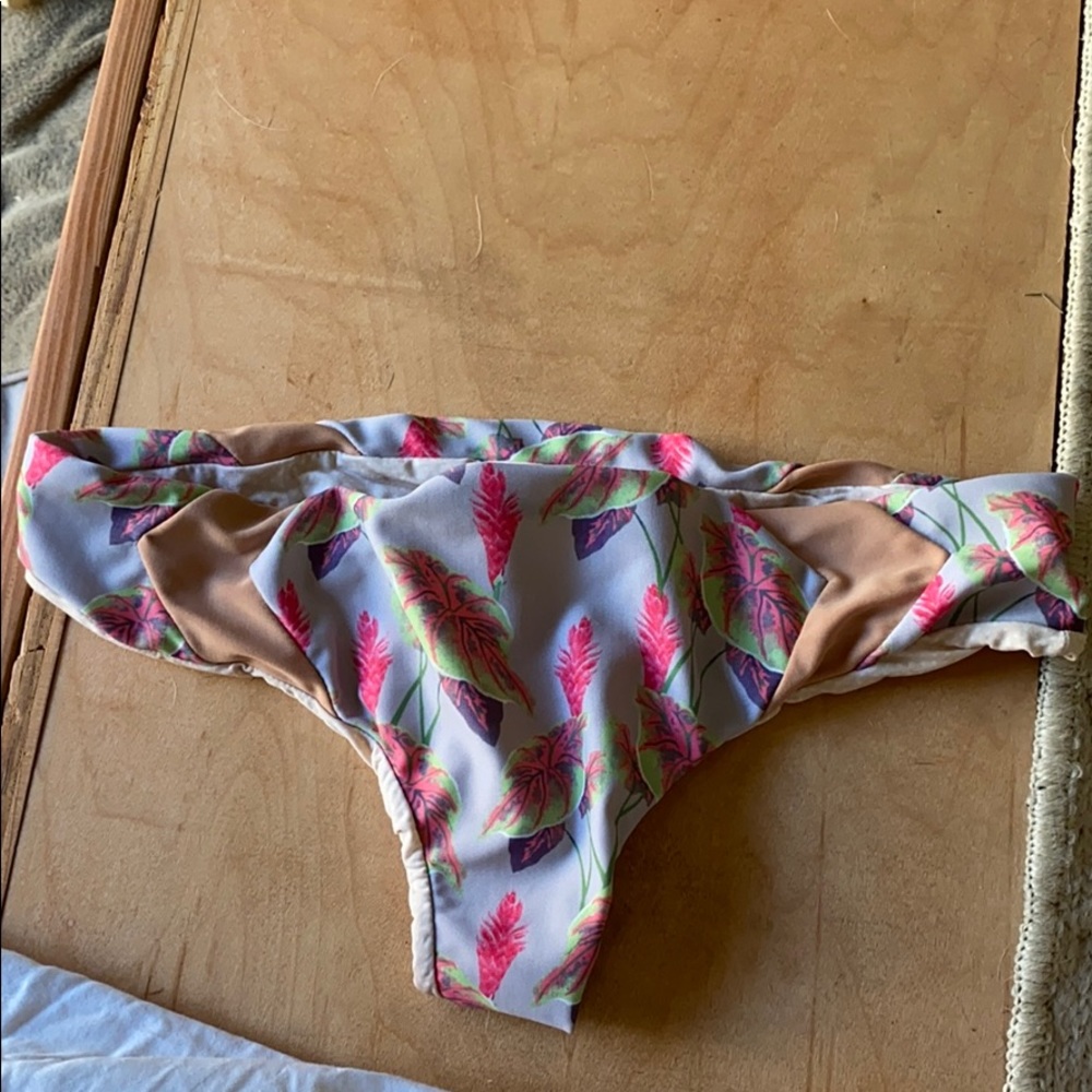 acacia swimwear Pink Floral Leaf Print Bikini Bottom with Tan Accents